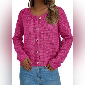 Like New Merokeety Hot Pink Fushia Button-Up Women Cardigan Knit Sweater Size L